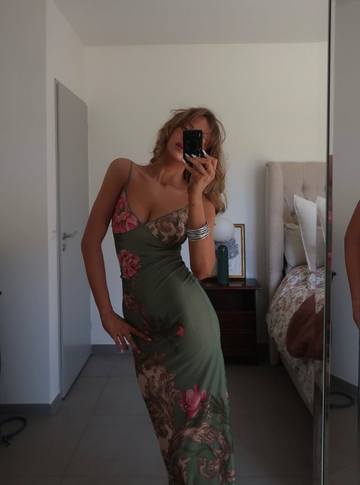 Retro Green Print Floral Strapless Satin Long Outfit Party Dress Vacation Dress Birthday Dress HZ1023